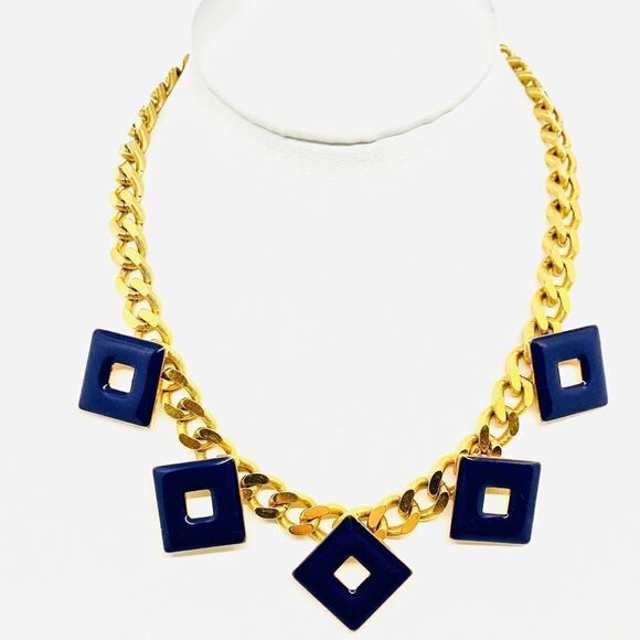 Vintage Art Deco Enamel Geometric Curb Chain Necklace 80s - Picture 6 of 11